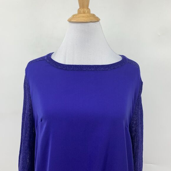 H&M Mixed Media Top Women M Deep Blue Contrast Open Knit Long Sleeve High Low - Picture 3 of 16